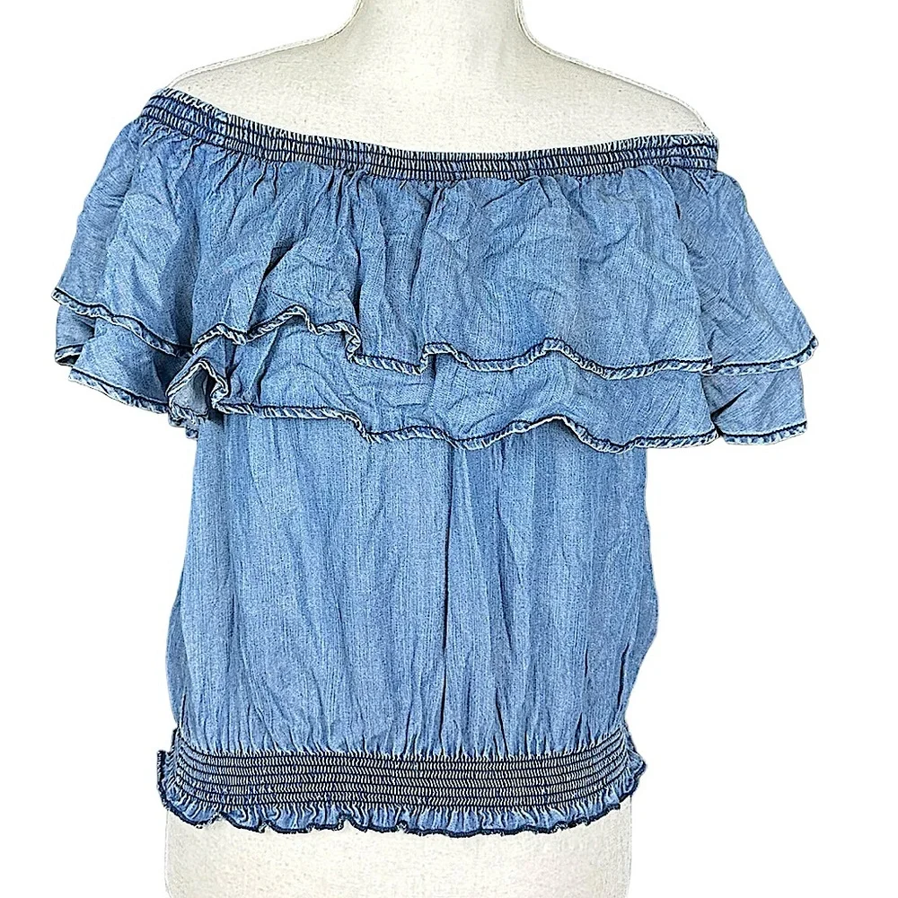 SNEAK PEEK: NWT Denim Ruffled Off-Shoulder Crop Top -Size Large